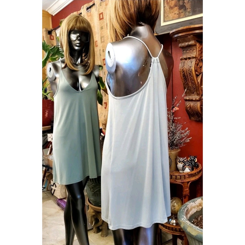Women's Soft Modal Slip Dress Women's M‎ Mini Sage Green Spaghetti Straps V-Neck